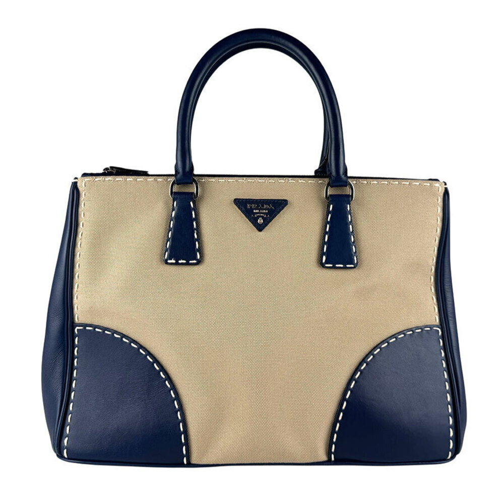 Prada 2way Shoulder Bag Leather Canvas Navy Blue Beige Cream